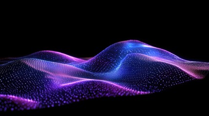 Fototapete - 3D abstract wave design in blue and purple with glowing particles on a dark background for digital art and technology concepts
