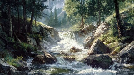 Poster - Mountain stream flowing through lush forest with rocks and fallen trees under dramatic stormy skies. Nature's power captured in tranquil scene.