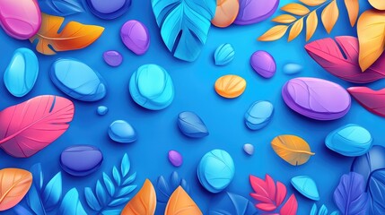 Poster - Vibrant 3D abstract background featuring colorful stones and leaves on a soothing blue backdrop for modern digital designs