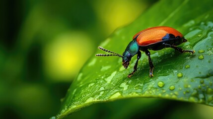 Aufkleber - Colorful beetle resting on a dewy green leaf showcasing vibrant colors and intricate details in a natural environment.