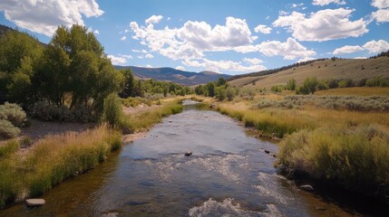 Aufkleber - Scenic mountain stream flowing through lush greenery under a bright blue sky with fluffy clouds in a serene natural landscape.