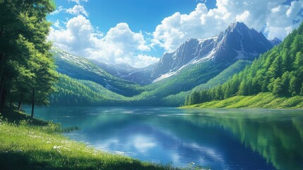 Wall Mural - Scenic landscape of a serene lake surrounded by lush hills and majestic mountains under a bright blue sky with fluffy clouds.