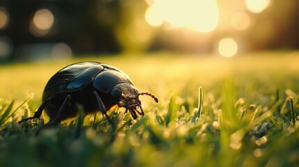 Poster - Beetle crawling on lush green grass during golden hour with soft sunlight and blurred background creating a serene natural atmosphere.