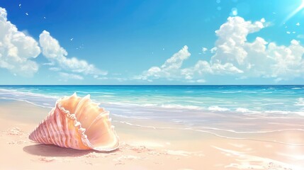 Poster - Abstract Conch Shell on Tranquil Sandy Beach with Vibrant Clear Blue Sea and Scenic Cloudy Sky in Background