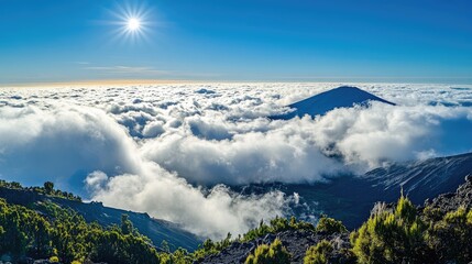 Aufkleber - Majestic volcanic landscape with a vibrant blue sky and dramatic clouds creating a breathtaking natural scene.