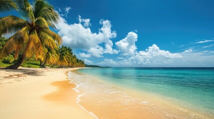Aufkleber - Tranquil beach scene with golden sand clear blue waters and palm trees under a vibrant sky perfect for vacation and relaxation themes