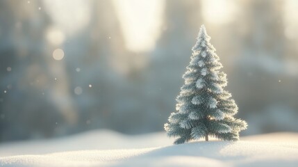 Poster - Frosted 3D Christmas Tree in Serene Snowy Landscape with Soft Bokeh Background