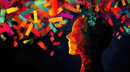 Aufkleber - Colorful abstract confusion concept featuring a head silhouette surrounded by vibrant exclamation marks and dynamic geometric shapes