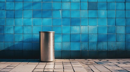 Poster - Minimalist street scene featuring soft focus stone paving with blue wall tiles and a silver trash bin creating a clean urban aesthetic