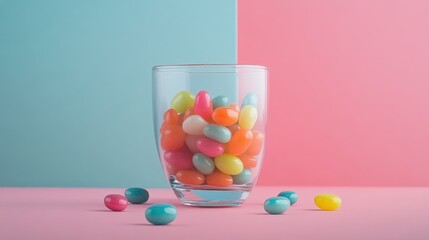 Fototapete - Colorful jelly beans in a glass container on a pastel split background creating a vibrant and playful atmosphere for confectionery themes.