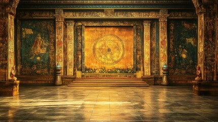 Poster - Majestic interior of a grand temple hall showcasing vibrant murals and detailed architectural features in natural light