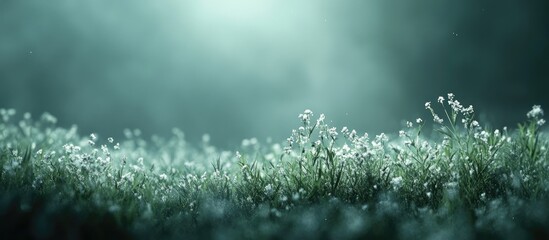 Poster - 3D holographic representation of a serene meadow with soft focus and ample space for text overlay in a tranquil atmosphere