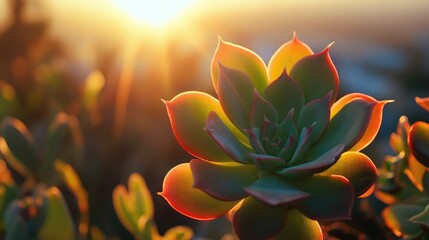 Poster - Succulent plant basking in the golden sunlight highlighting its vibrant colors and intricate details during sunset.