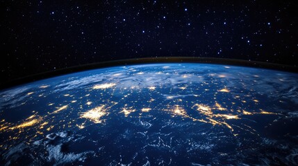 Poster - Aerial view of Earth at night showcasing city lights and starry sky emphasizing the beauty of our planet from space