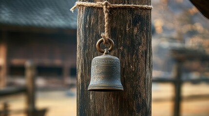 Poster - Handcrafted antique bell hanging on rustic wooden pole showcasing traditional craftsmanship and timeless charm in serene outdoor setting