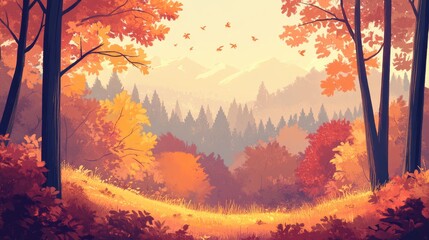 Poster - Serene autumn forest landscape with vibrant foliage and distant mountains under a soft morning light