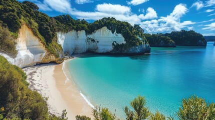 Aufkleber - Scenic coastal view of a serene beach surrounded by majestic cliffs and vibrant blue ocean waters in a tranquil natural setting