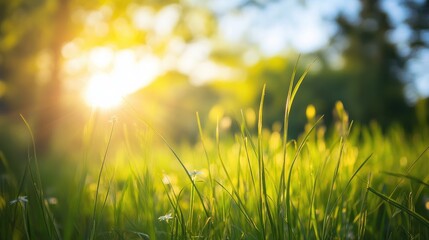 Aufkleber - Sunlit Summer Grass Landscape with Gentle Breeze and Soft Focus on Natural Greenery and Warm Sunlight in a Serene Outdoor Setting
