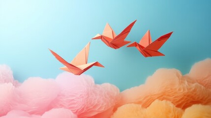 Poster - 3D Abstract Origami Birds Flying Over Colorful Soft Cloud Background