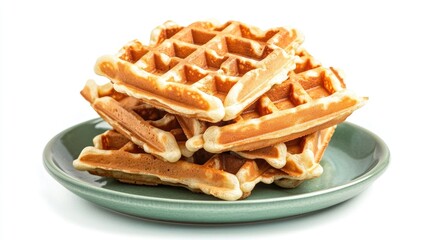 Poster - Stack of golden waffles on a green plate showcasing soft shadows against a clean white background for a delicious breakfast concept