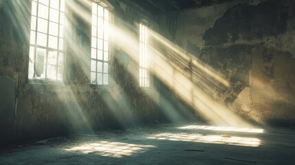 Leinwandbilder - Sunlit abandoned concrete room with dramatic light rays illuminating dusty interior and textured walls creating an abstract atmosphere.