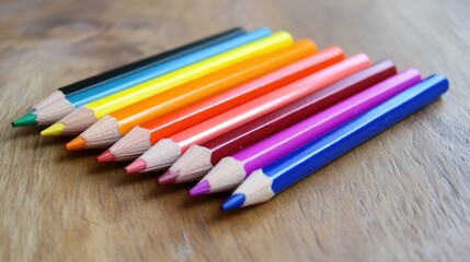 Poster - Close up view of a colorful array of sharpened coloring pencils arranged on a wooden surface showcasing vibrant hues for artistic projects