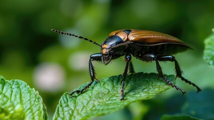 Aufkleber - Close-up of a vibrant beetle perched on a green leaf in a garden showcasing intricate details and natural habitat.