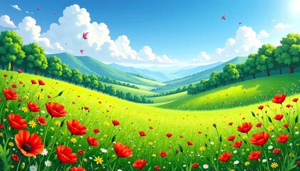 Wall Mural - Lush green valley with wildflowers and poppies, blue sky, summer, wildflower meadow