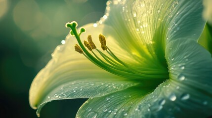Poster - Morning dew on a delicate flower with vibrant green stamen illuminated by soft sunlight showcasing nature's beauty and intricate details.