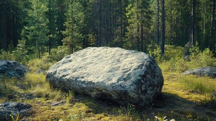 Fototapete - Large stone resting on a summer glade surrounded by lush green forest and sunlight illuminating the natural landscape.