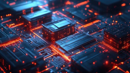 Poster - Futuristic glowing server network in a detailed 3D cityscape with interconnected nodes and vibrant neon lights