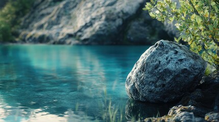 Aufkleber - Serene stone beside tranquil blue lagoon reflecting nature's calm beauty and vibrant colors in a peaceful outdoor setting.