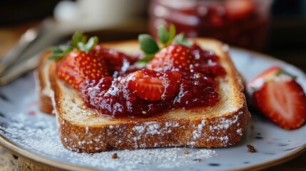 Wall Mural - Sumptuous breakfast toast topped with fresh strawberries and strawberry jam on a rustic plate with powdered sugar garnish.