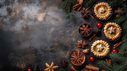 Poster - Fruit mince pies arranged with festive decor including spices and holly, creating a warm holiday atmosphere for seasonal celebrations