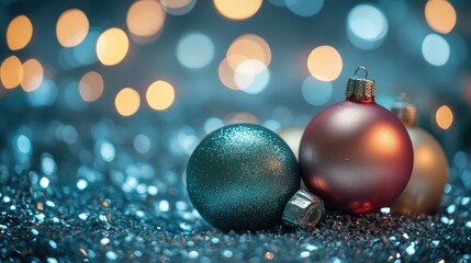 Aufkleber - Colorful Christmas baubles on sparkling background with soft bokeh lights creating a festive and joyful holiday atmosphere