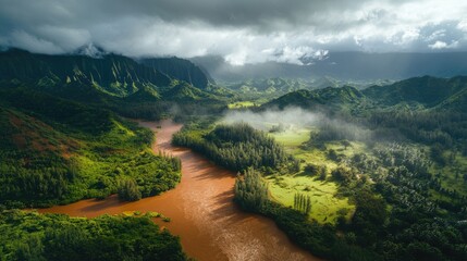 Poster - Aerial view of a tranquil river flowing through lush greenery under dramatic clouds showcasing nature's beauty and tranquility.