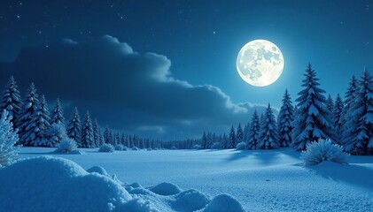 Wall Mural - Frosty landscape with a glowing full moon in the sky, snow, moonlight, frozen