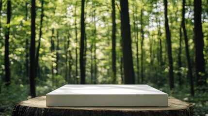 Poster - Blank White Display Surface on Natural Wood Table Surrounded by Lush Green Forest Ideal for Product Presentation and Text Space
