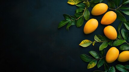 Poster - Ripe mangoes with green leaves on dark background showcasing tropical fruit for desserts and culinary uses in a flat lay presentation
