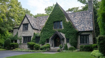 Poster - Stone house with triangular roof adorned with lush ivy surrounded by well-maintained lawn and vibrant greenery in serene neighborhood setting