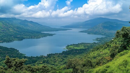 Wall Mural - Scenic panorama of a tranquil lake surrounded by lush green hills under a vibrant blue sky with fluffy clouds