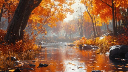 Wall Mural - Serene autumn forest landscape with vibrant orange leaves reflecting on a tranquil river under a sunny blue sky