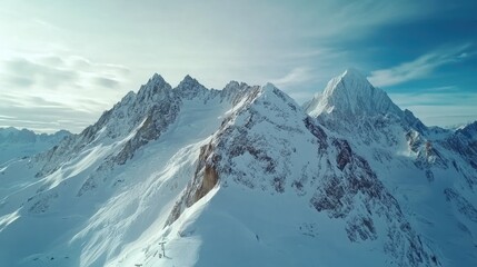 Aufkleber - Aerial drone view of majestic snow-capped mountains showcasing the beauty of alpine landscape and pristine winter scenery.