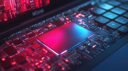 Poster - Abstract representation of NVMe SSD storage technology enhancing laptop performance with vibrant circuitry and modern design elements