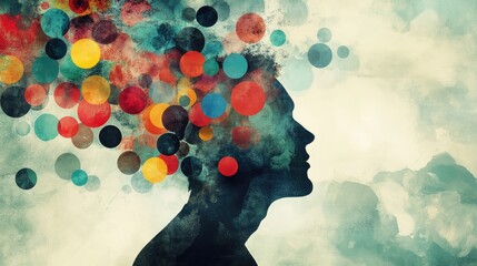 Aufkleber - Colorful abstract concept of human thoughts and creativity represented by a silhouette with vibrant circles emerging from the head