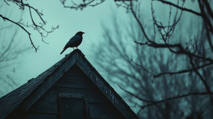Poster - Mysterious bird perched on rustic house roof amidst foggy winter landscape with bare trees in the background