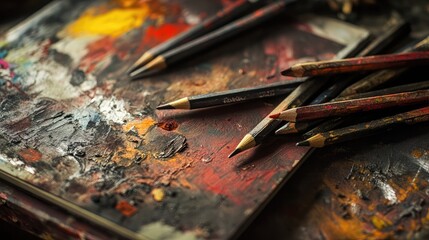 Poster - Close up of colorful art pencils scattered on an artist's palette with bright paint stains creating a vibrant artistic background.