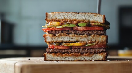 Poster - Kitchen scene showcasing a deliciously layered sandwich stacked high with fresh ingredients and grilled to perfection on a wooden cutting board