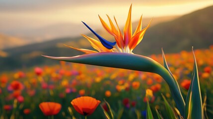 Bird of Paradise flower amidst a vibrant field of blooming poppies under a colorful sunset sky