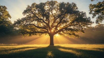 Poster - Majestic tree basking in morning sunlight with vibrant rays illuminating surrounding grassy field
